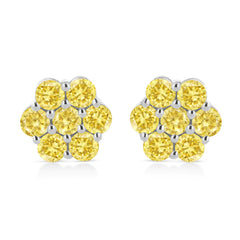 .925 Sterling Silver  Prong Set Round-Cut Treated Colored Diamond Floral Cluster Stud Earring - Choice of Diamond Colors and Total Weights