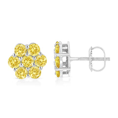 .925 Sterling Silver  Prong Set Round-Cut Treated Colored Diamond Floral Cluster Stud Earring - Choice of Diamond Colors and Total Weights