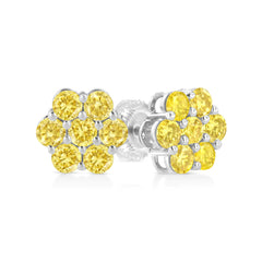 .925 Sterling Silver  Prong Set Round-Cut Treated Colored Diamond Floral Cluster Stud Earring - Choice of Diamond Colors and Total Weights